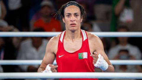 Imane Khelif celebrates winning gold at the Olympic Games in Paris last year