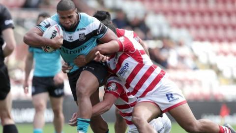 Hull FC's Tevita Satae is tackled during their Super League match at Leigh last month