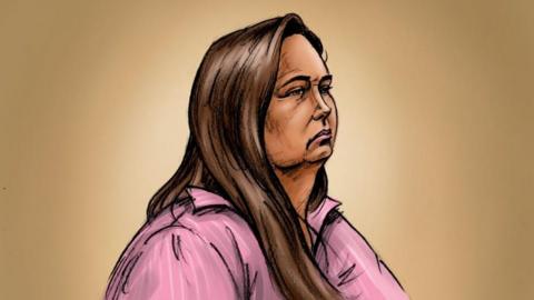 Artist's sketch of Erin Patterson in court. She has long brown hair and is wearing a pink collared shirt