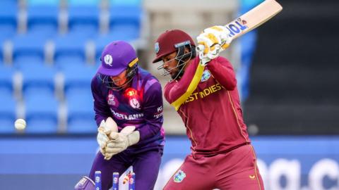 West Indies batsman Brandon King is bowled by Scotlands Mark Watt during the Australia 2022 Twenty20 World Cup cricket tournament match between West Indies and Scotland at Bellerive Oval in Hobart on October 17, 2022