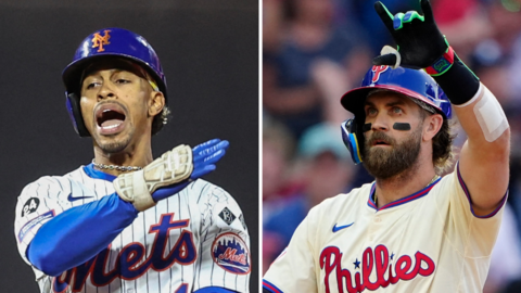 Split image showing Francisco Lindor and Bryce Harper celebrating