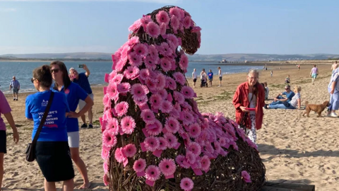 A picture of the float in previous years. It is a large wooden float with pink flowers.