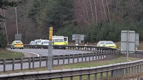The scene of the incident and police response as seen from a distance. At least five police cars are on the road, along with an ambulance. Forensics teams are surveying the road.
