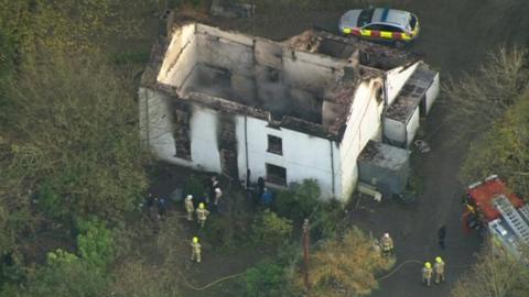 A view of the gutted house from above