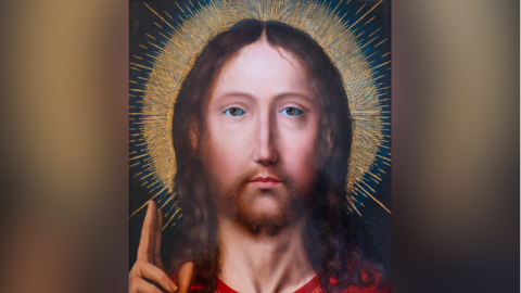 Quentin Massijs's painting, Christ Blessing. Christ is portrayed as looking straight to the observer and has his left hand up, with thumb, index and middle finger elevated.

