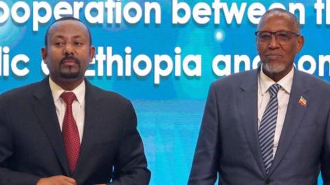 Somaliland President Muse Bihi Abdi and Ethiopia's Prime Minister Abiy Ahmed attend the signing of the Memorandum of Understanding agreement, that allows Ethiopia to use a Somaliland port, in Addis Ababa, Ethiopia, January 1, 2024