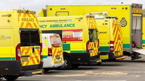 Five South East Coast ambulances parked up. You can see the back of all five vehicles. 