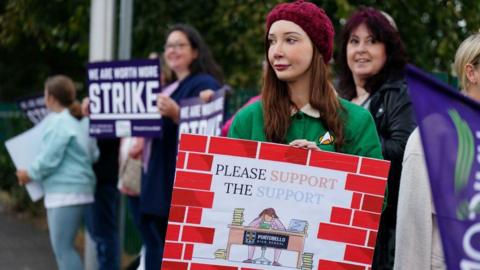 A union member holds a placard which says please support the support staff on a Unison picket line