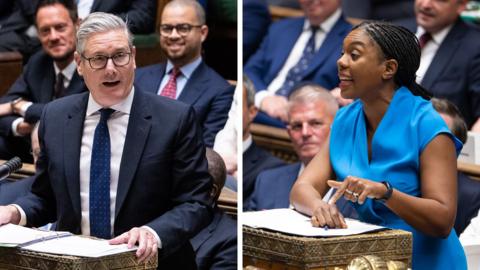 Keir Starmer and Kemi Badenoch are shown speaking in the House of Commons.