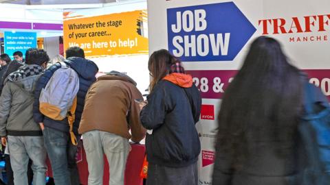 Visitors at the Manchester Job Show in Manchester, UK, on Friday, April 28, 2023.