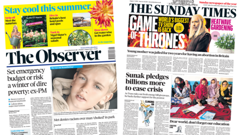 The headline in the Observer reads 'Set emergency budget or risk a winter of dire poverty: ex-PM' and the headline in the Sunday Times reads 'Sunak pledges billions more to ease crisis'