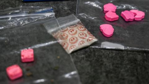 Ketamine, Extasis, MDMA and Mezcaline are picture before being mixed to produce a powder known as Tussi or pink cocaine in Medellin, Colombia, on April 2, 2022. - Three decades after Pablo Escobar's shot body was left on a Medellin rooftop, drug trafficking continues and, at present, markets for flavored cocaine, local crack, pharmaceutical drugs and ketamine-based hallucinogens are rife for in his hometown. (Photo by JOAQUIN SARMIENTO / AFP) (Photo by JOAQUIN SARMIENTO/AFP via Getty Images)