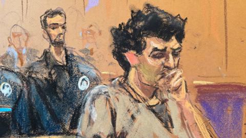A court sketch of Sam Bankman-Fried at his sentencing