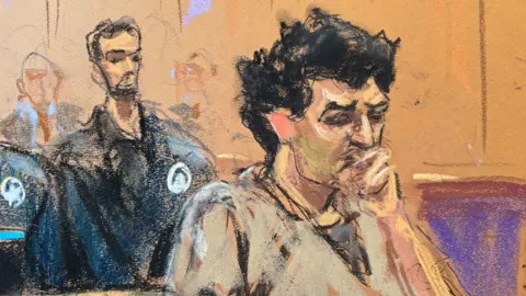 A court sketch of Sam Bankman-Fried at his sentencing