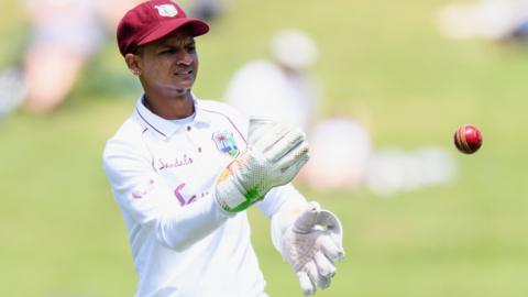 West Indies wicketkeeper Shane Dowrich throws a ball during a Test