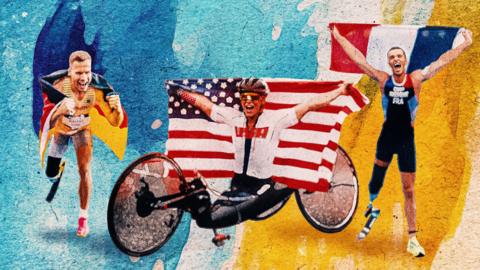 A graphic of Para-athlete Markus Rehm, Para-cyclist Oksana Masters and Para-triathlete Alexis Hanquinquant celebrating