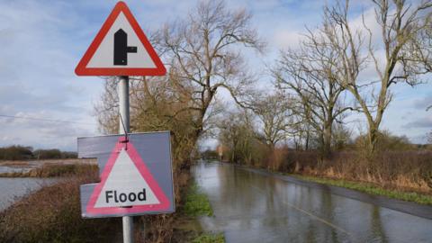 A flooded road flanked by trees with a blue and grey sky overhead and a sign in the foreground that reads "Flood".