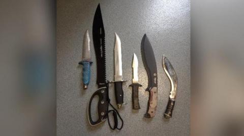 Six knives of varying sizes places next to each other.
