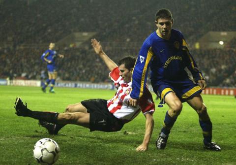 James Milner of Leeds clashes with Kevin Kilbane of Sunderland during the FA Barclaycard Premiership match between Sunderland and Leeds United at the Stadium of Light