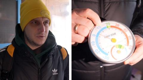 On the left, a man wearing a black Adidas jacket and a yellow hat. On the right, a person holds up a thermometer.
