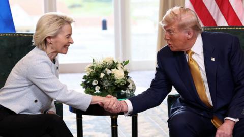 Trump and von der Leyen shaking hands