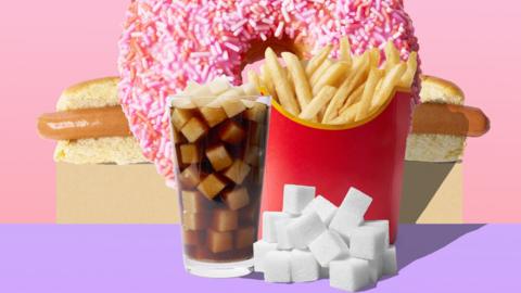 Sugary foods, including doughnuts, french fries and coke