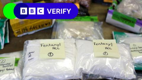 Plastic bags of Fentanyl are displayed on a table at the U.S. Customs and Border Protection area at the International Mail Facility at O'Hare International Airport in Chicago. They bags of white powder both have post-it notes attached reading "fentanyl". 