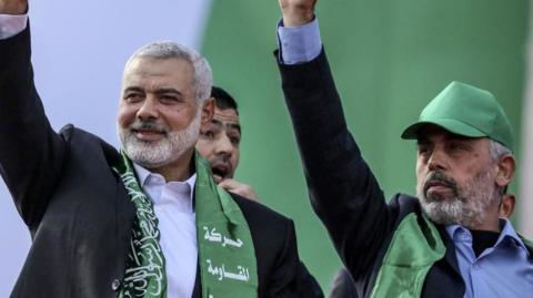 Ismail Haniyeh and Yahya Sinwar seen in 2017