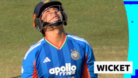 Vaibhav Sooryavanshi lets out s sigh of frustration after getting caught by Sam Curran in the men's international T20.