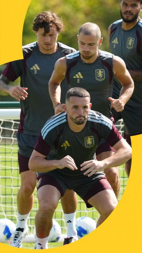 John McGinn, Matty Cash, and Victor Lindelof training. They are all wearing grey Aston Villa training tops.
