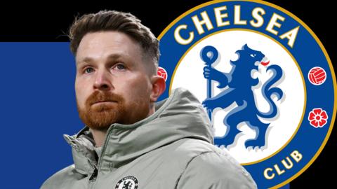 Calum McFarlane in front of a blue and black background and the Chelsea club badge