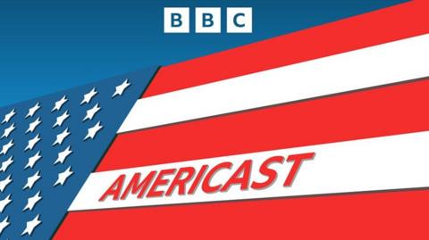 This image features a graphic design that merges elements of the American flag with the BBC logo. On the left, there’s a blue field adorned with white stars, echoing the flag’s recognizable pattern. The right side carries the red and white stripes, reinforcing the patriotic theme.

At the centre, the word "AMERICAST" appears in bold red letters on a white stripe, standing out prominently. Above it, the BBC logo is displayed, consisting of three distinct white squares containing the letters B, B, and C in black font.