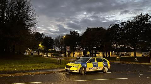 A blue and yellow police car is parked sideways in front of security cordon tape which has been place across the entrance to the Meadowbrook estate in Craigavon after a suspect device was found