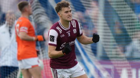 Galway footballer Robert Finnerty celebrates scoring a goal against Armagh