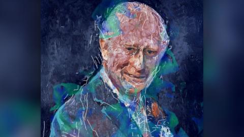 a detail of a picture of king charles iii - the king is smiling and looking directly at the viewer with lines streaked across his suit and his face - the colours used are dark and blue-toned - the art style is modern