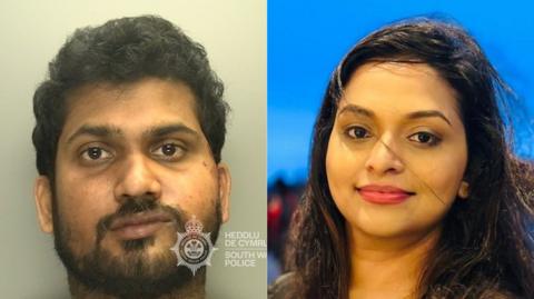 Llun heddlu o Thisara Weragalage a llun teulu o Nirodha Niwunhella