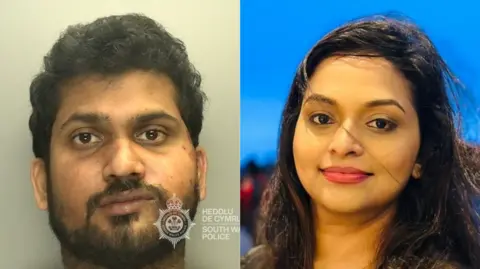 Llun heddlu o Thisara Weragalage a llun teulu o Nirodha Niwunhella