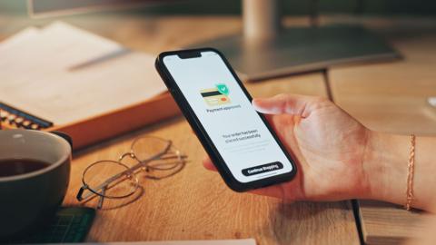 Phone screen, being held by a woman's hand, showing a payment verification on the screen.