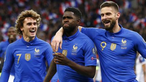 Antoine Griezmann, Samuel Umtiti and Olivier Giroud