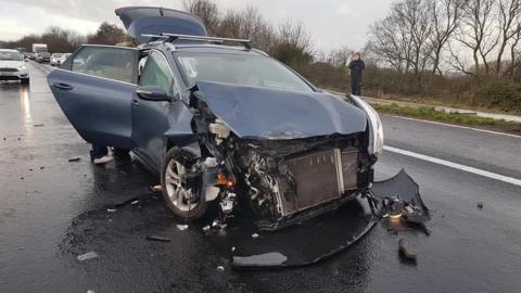 Fletcher family's car after aquaplaning into the central reservation of the M5