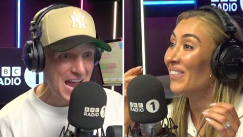 Composite of Jamie Laing and Sophie Habboo in the Radio 1 studio, wearing headphones and talking into a mic
