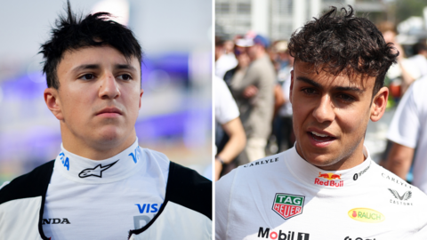 Split image of Isack Hadjar and Arvid Linbland, both wearing racing uniforms