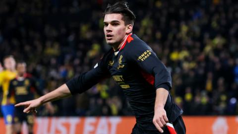 Ianis Hagi celebrates scoring for Rangers against Brondby