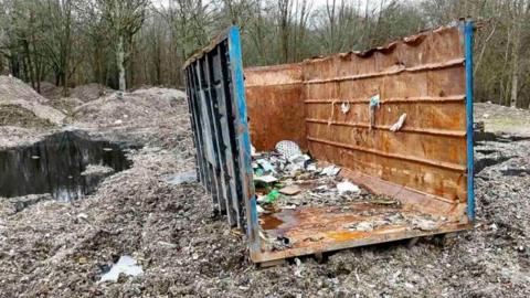 A woodland scene with piles of waste and a skip in the forefront