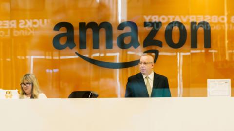 An entrance to Amazon offices in New York, New York, USA.