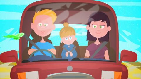 An animated still of a family driving in a car.