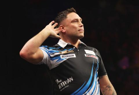 Gerwyn Price celebrates a victory in the Premier League Darts in Nottingham 2025