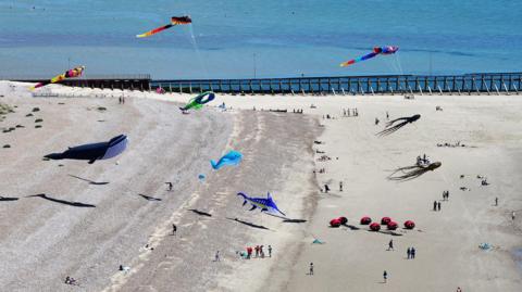 Colourful kites depicting sea creatures, including a whale, a swordfish and two squids. The kites are flying above a sandy beach.
