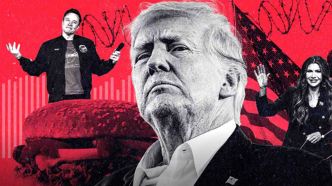 A composite image of Donald Trump a cheeseburger and Elon Musk. Trump and Musk are in black and white. The cheeseburger and the American flag have a red overlay colour on them. The image looks like it has been designed in photoshop