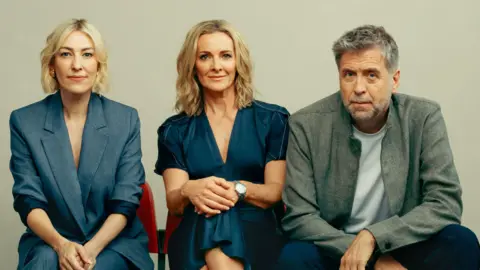 Match of the Day hosts Kelly Cates, Gabby Logan and Mark Chapman